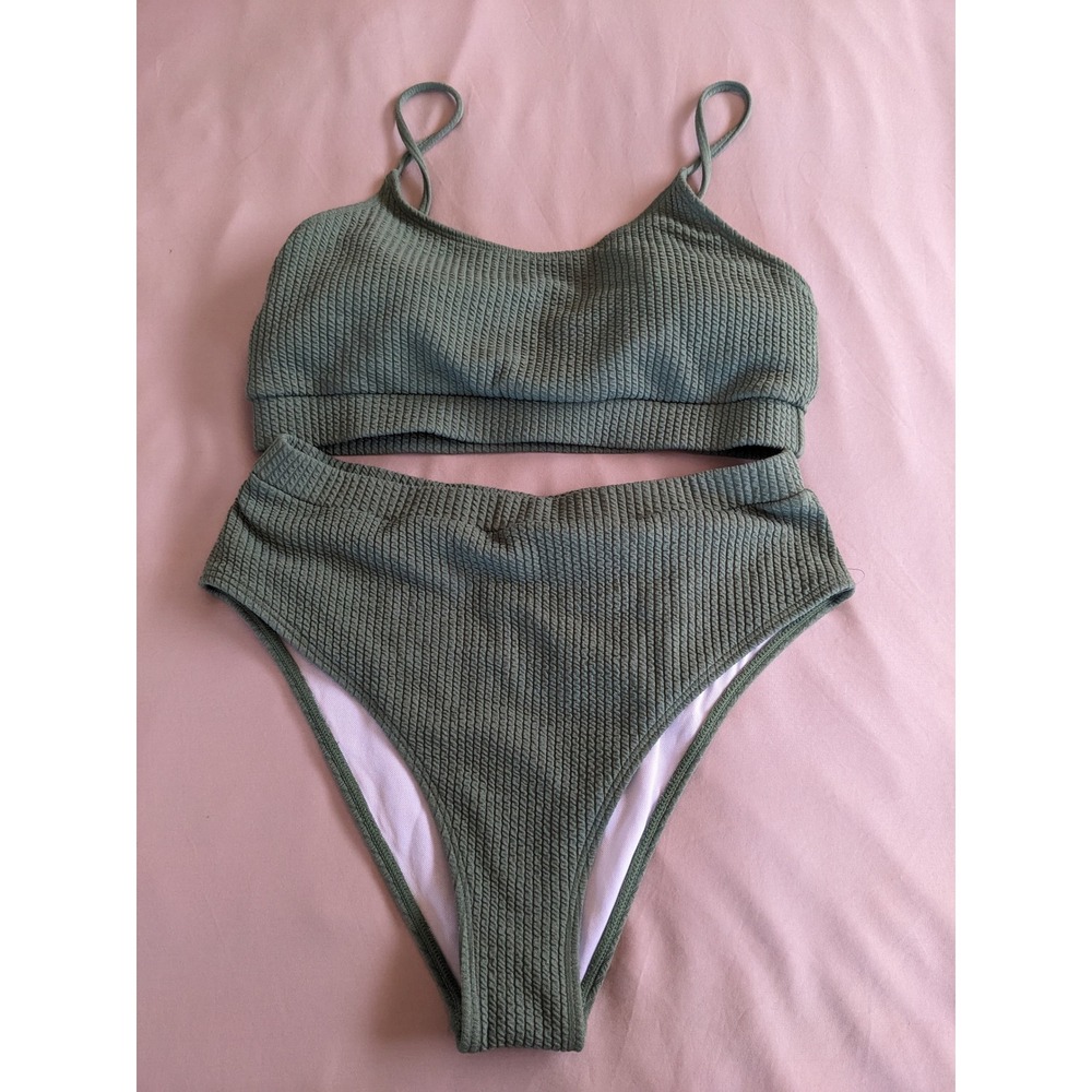 Olive Green Textured High Waisted Bikini Set Two Piece Swimsuit Size L